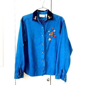 Autumn Leaf‎ Cornucopia Chambray/Denim Shirt Small Teacher Thanksgiving